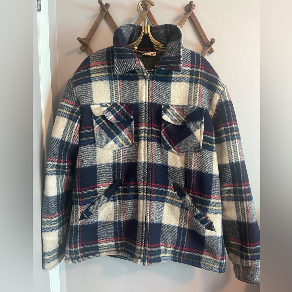 Vintage Navy, Cream & Red Plaid Zip-Up Jacket